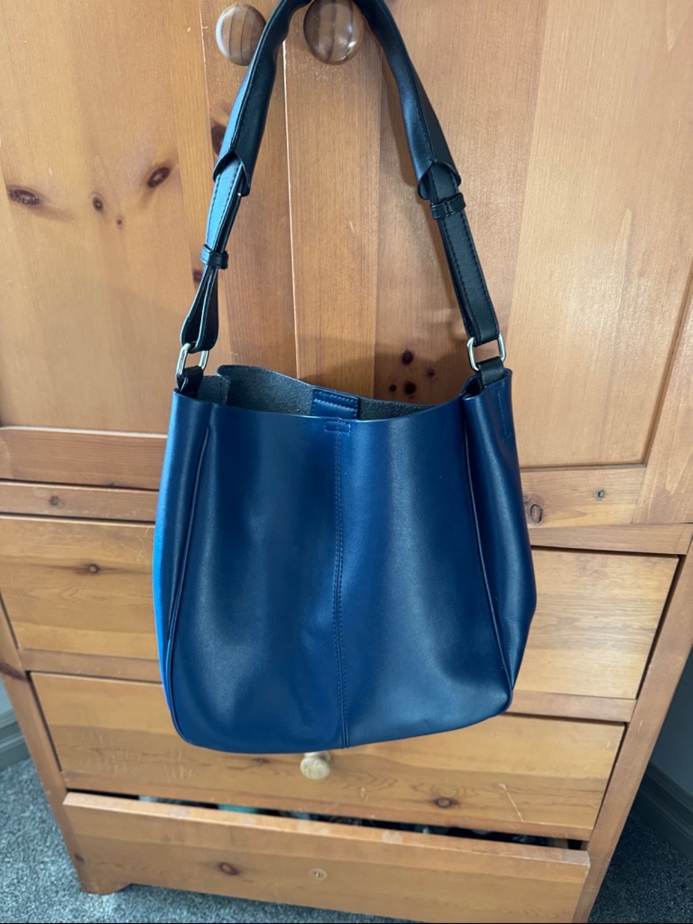 Navy Leather-Effect Shoulder Bag with Black Strap